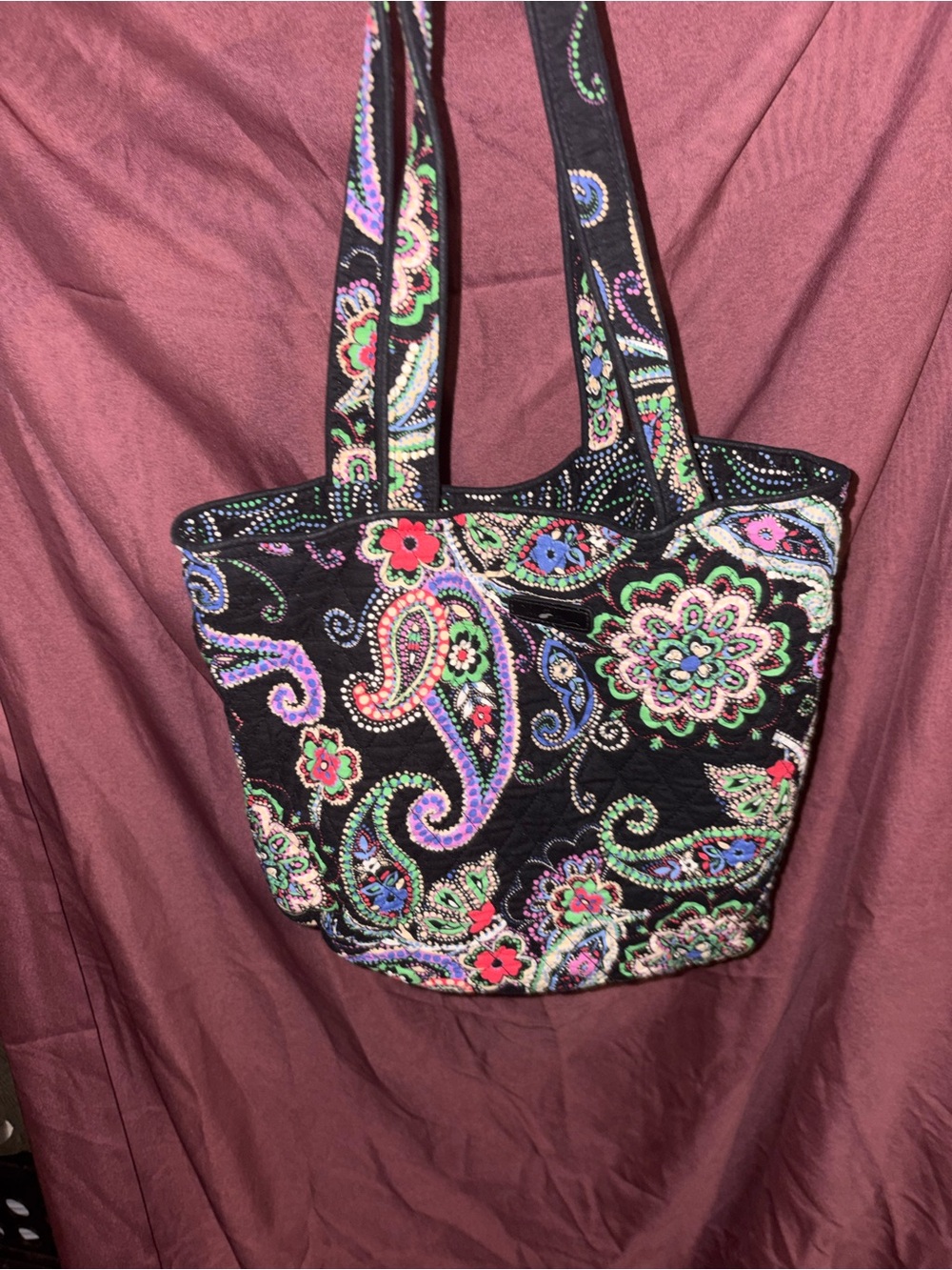 Vera Bradley Black Quilted Paisley Shoulder Tote with Multicolor Floral Accents